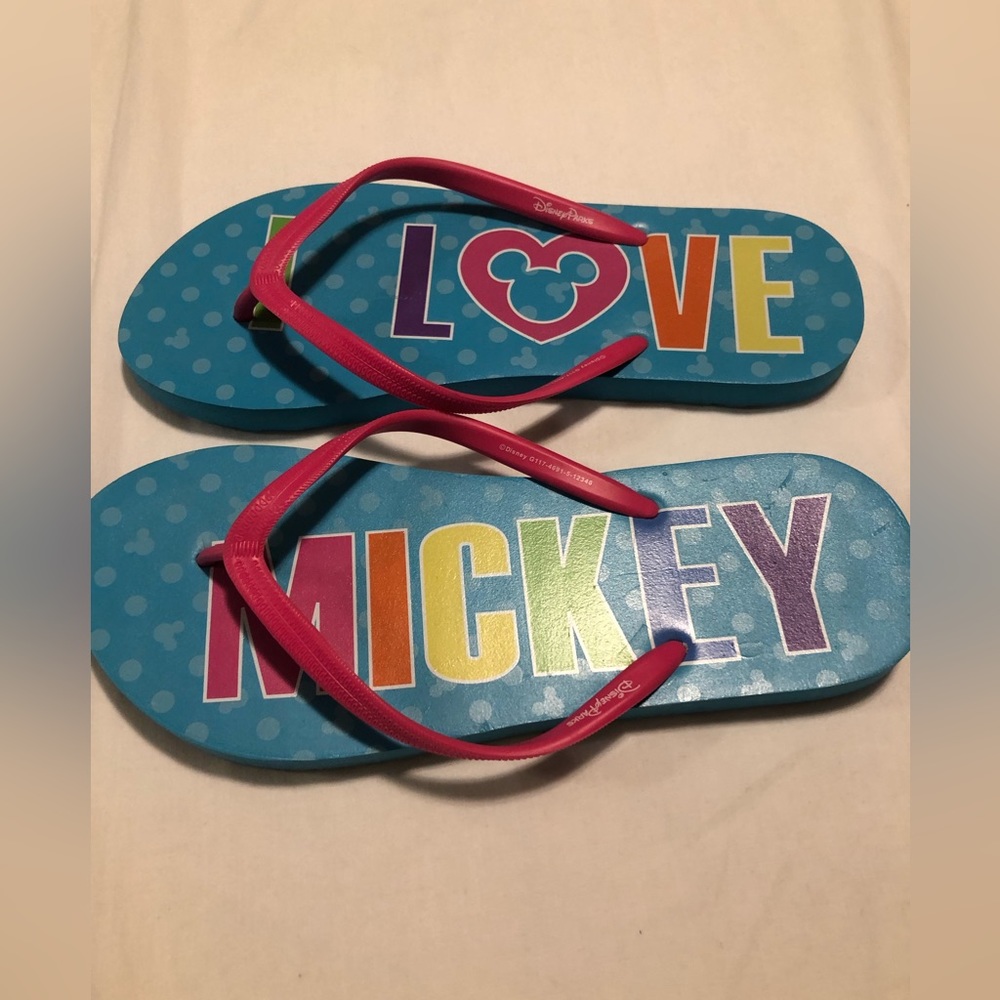 Disney Parks I 🩷 Mickey teal blue flip flops, 10
